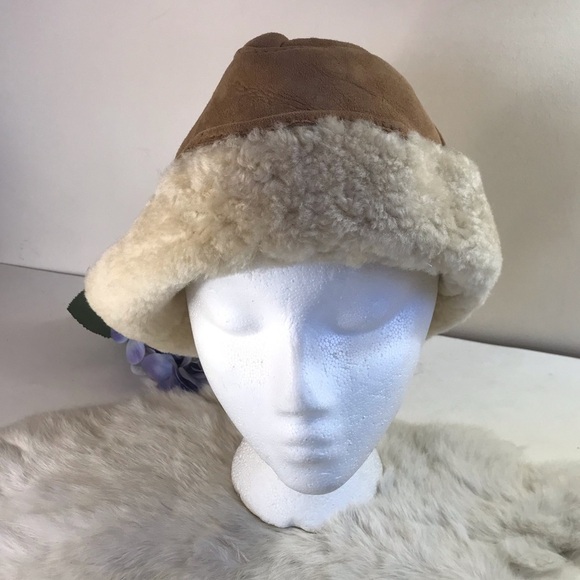 Vintage 70s Shearling Suede Bucket Hat Real Fur Beige Tan Unisex Men Women - Picture 3 of 13